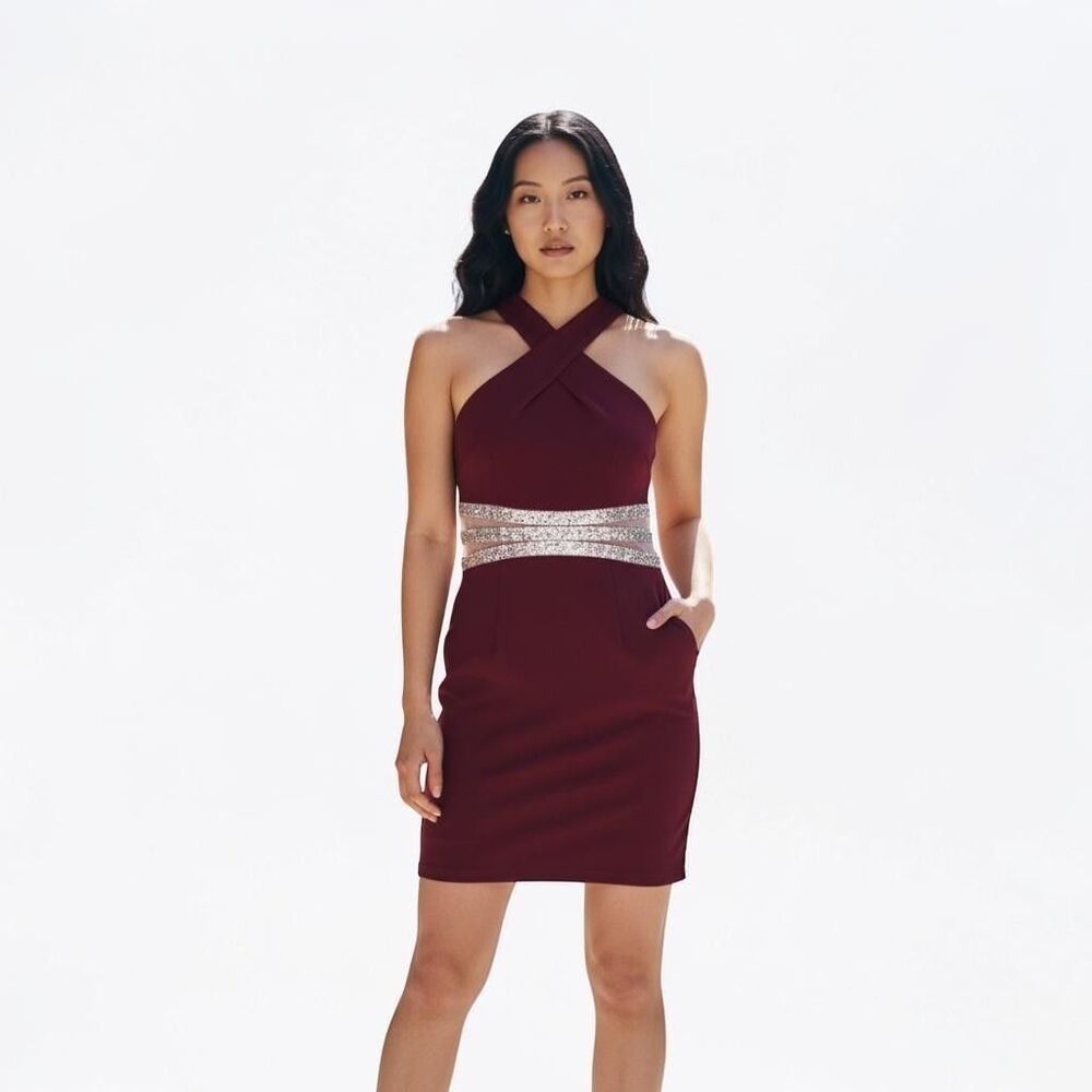 Speechless Dress Juniors 9 Red Halter Bodycon Rhinestone Waist Pockets Party